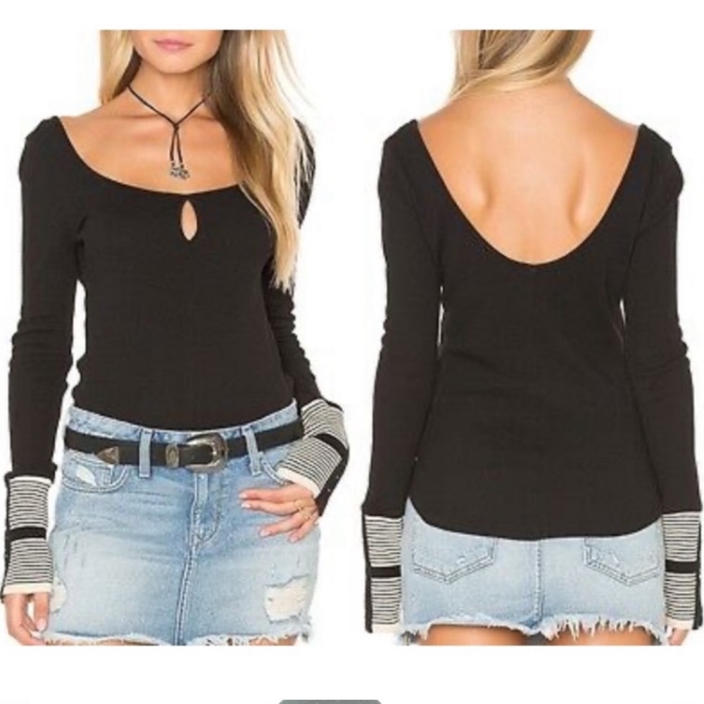 Free People Black Long Sleeve Top with Striped Wrist Details - Picture 3 of 10